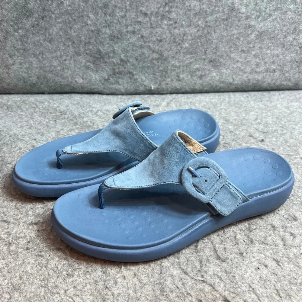 Vionic Recovery Activate Blue Suede Thong Sandals Adjustable Buckle Womens 8.5